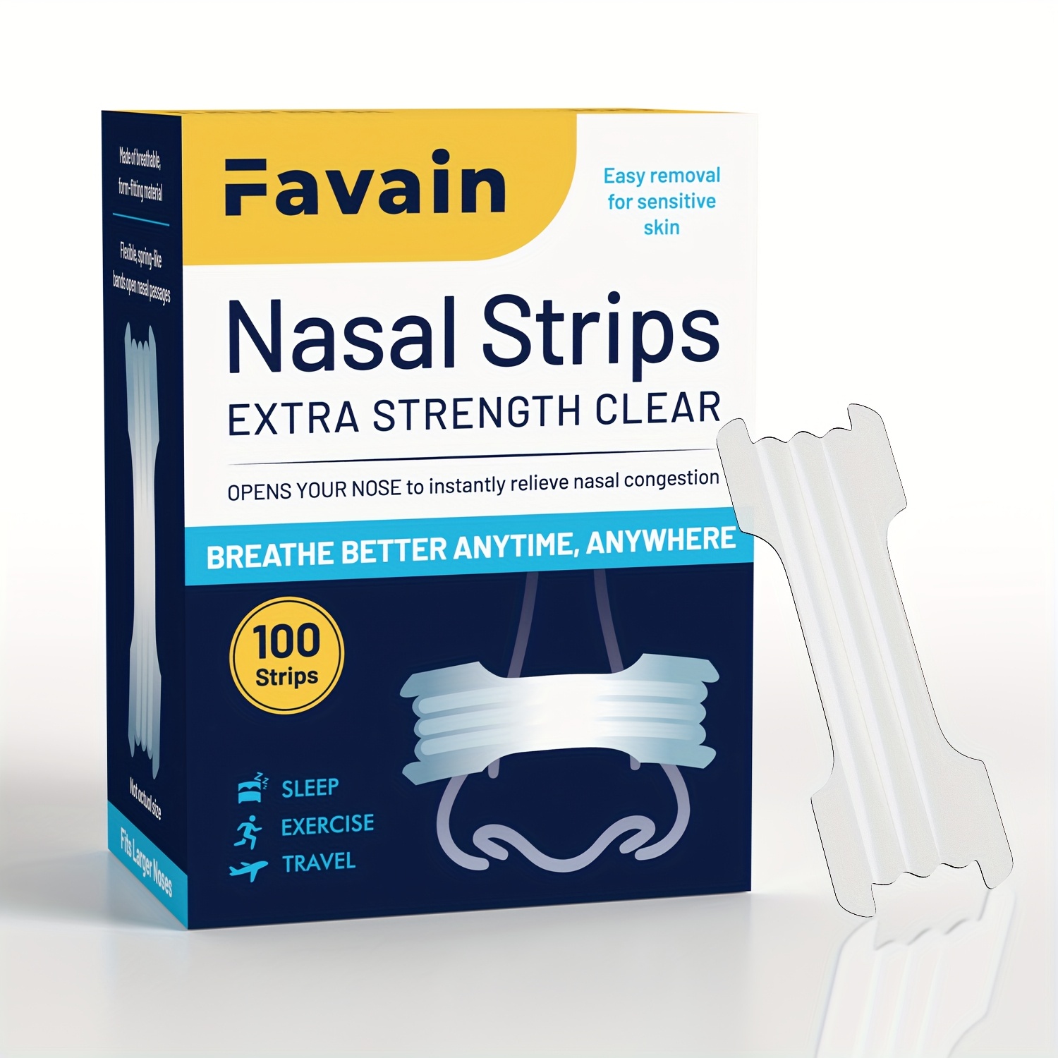 Favain 100pcs Non-Drug Snore Free Nasal Strips - Increased Airflow, Drug-Free Sleep Aid, Anti-Snoring Solution for Sleep Apnea & Health-Conscious Individuals, Christmas Gift Idea, Sleep Aid, Natural Sleep Aid, Easy Application