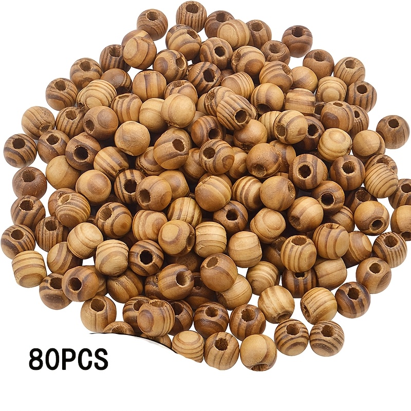 Image of Natural Large-hole Textured Wooden Beads 80pcs - 12mm Round Extra-large Hole Wooden Beads, Spacer Beads For Diy Crafts, Decorative Beads