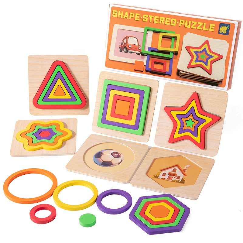 TEMU 6pcs Wooden Puzzles With Different Shapes, Puzzle Toys, Sensory Fun Toys, Shape And Color Cognitive Classification Toys, Autism Development,