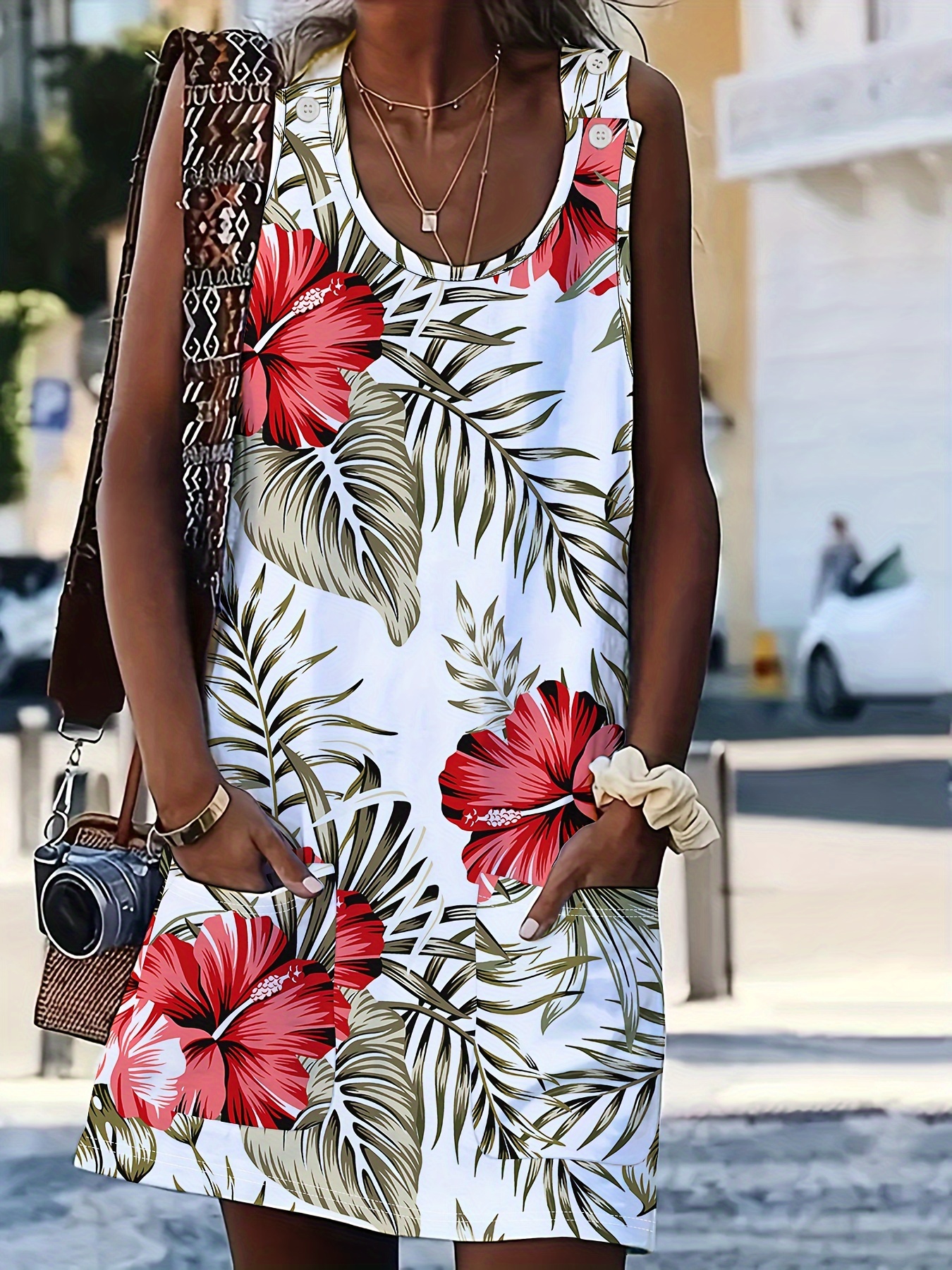 Women's Casual Sleeveless Dress with Pockets - Relaxed Fit Tropical Floral  Print, Machine Washable Round Neck Summer Dress for Beach * & Casual Wear,  Beach Dresses