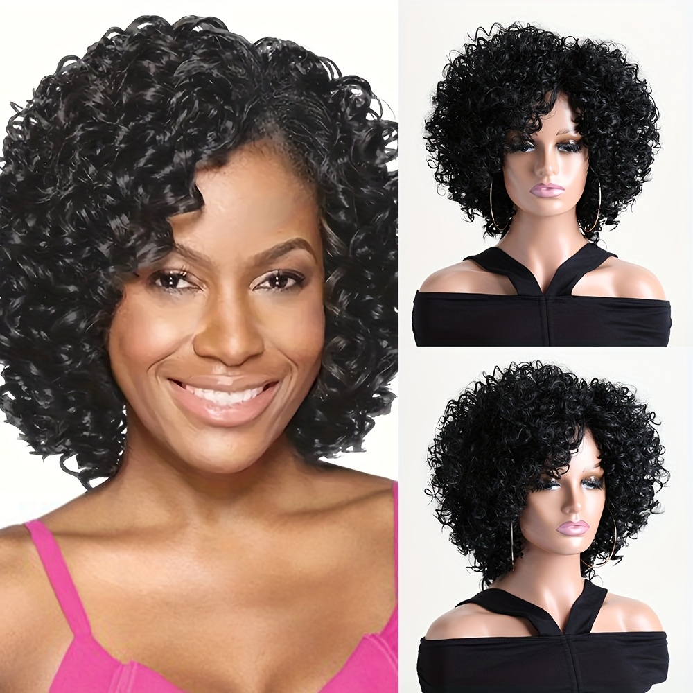 Image of 12 Inch Women's Stylish And African Curly Short Wig In Black And Brown, Made From Synthetic Fiber, Heat Resistant, Use, Weddings, Halloween, Music Festivals, And Christmas