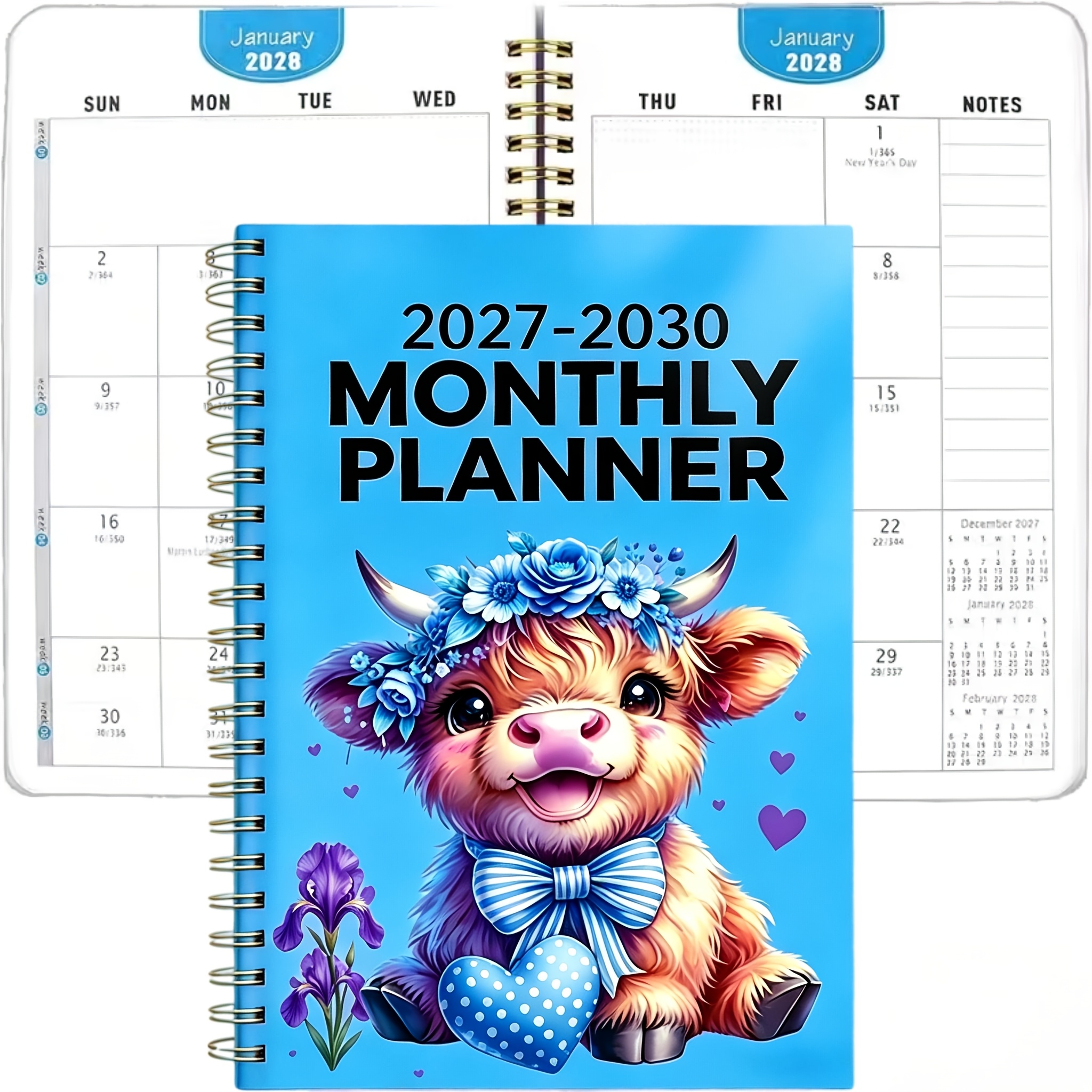 TEMU 2027-2030 Monthly Planner, 4 Years 48-month Calendar, Thick Paper Spiral Notebook, Various Cute Cow Designs - Suitable For Students And