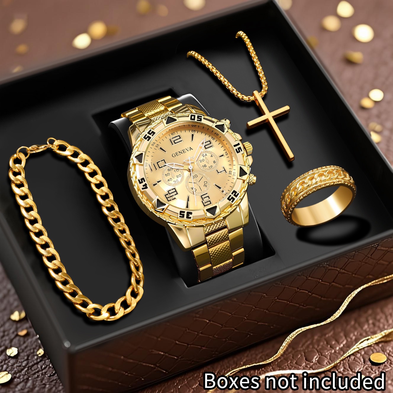 Men's Golden Alloy Quartz Watch And Bracelet, Cross Necklace, Ring Set, Classic Three-eye Round Dial Design, Style, Perfect Gift For - Middle East