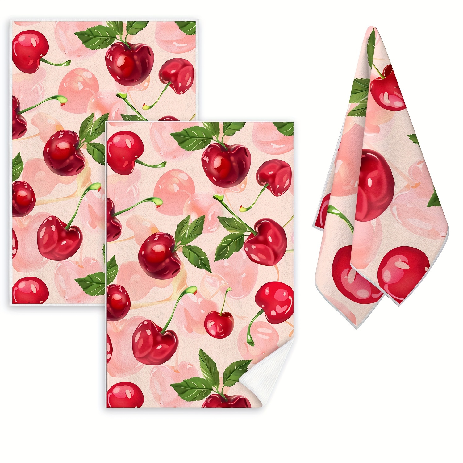 

2-pack Microfiber Fingertip Towels - Modern Cherry Print Knit Fabric Hand Towels, 280 Gsm High-quality, Machine Washable Decorative Towels For Bathroom, Kitchen, And Housewarming Gift