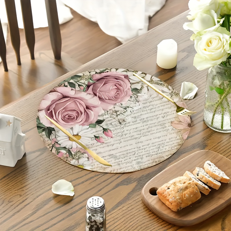4-pack 13.8inch Vintage Round Placemats, Pink Rose Table Mats, Heat-resistant And Easy To Clean, Perfect For Restaurant And Kitchen Decor