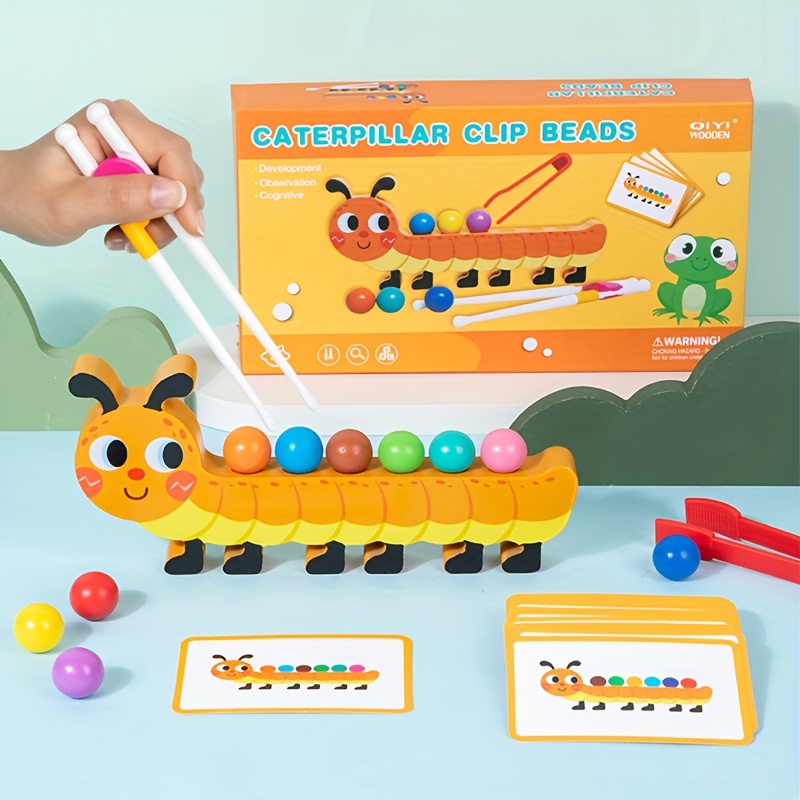 Jouet Éducatif Perles à Clipser Chenille En Bois - Tri Couleurs + 30 Cartes - Dès 3 Ans