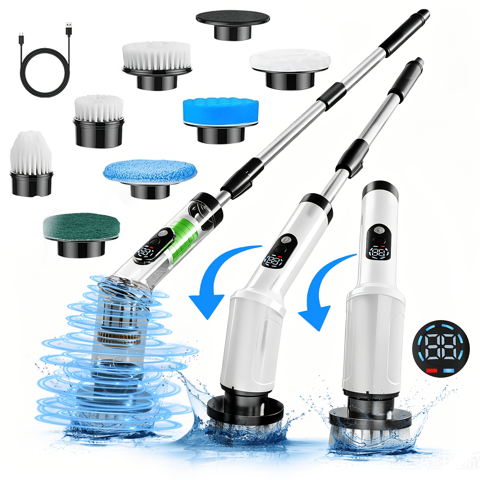TEMU Digital Display Electric Rotating Cleaning Brush, Adjustable Handle, 8 Replaceable Brush Heads, Multi-functional Household Shower Floor Cleaning