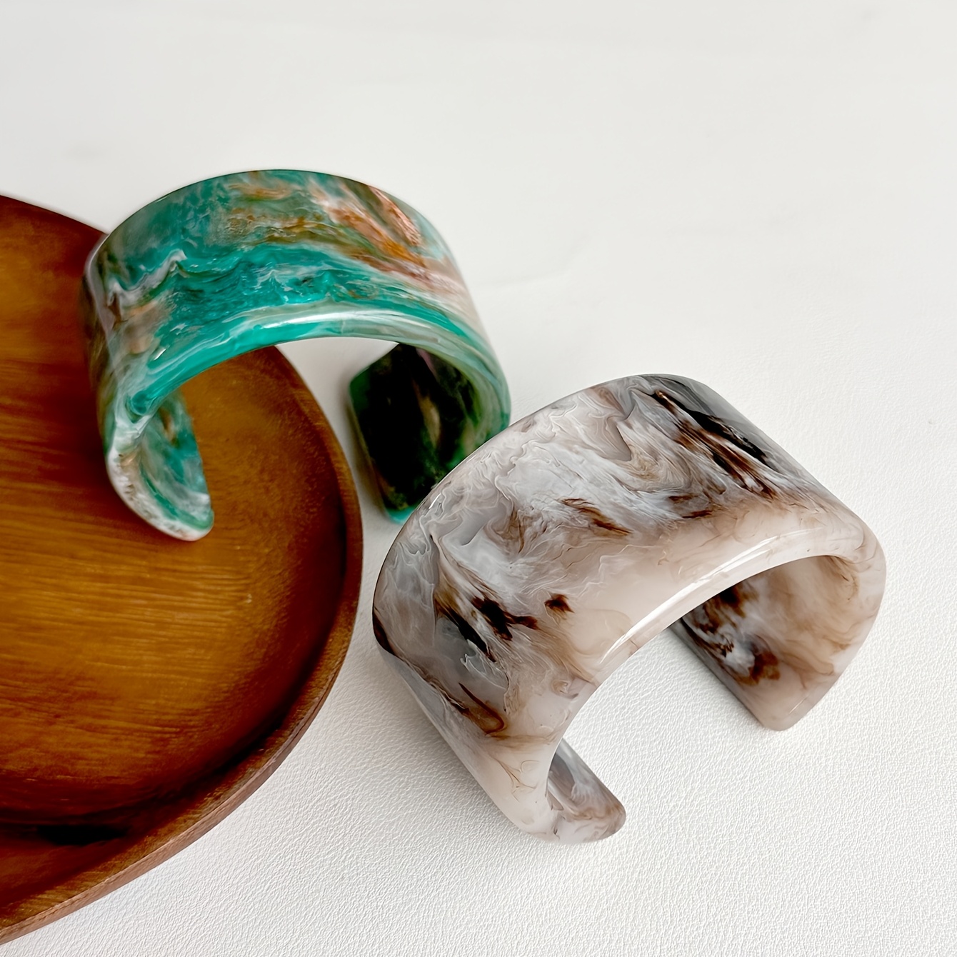 Boho Vintage Style Wide Resin Bangle Bracelet, Adjustable Cuff