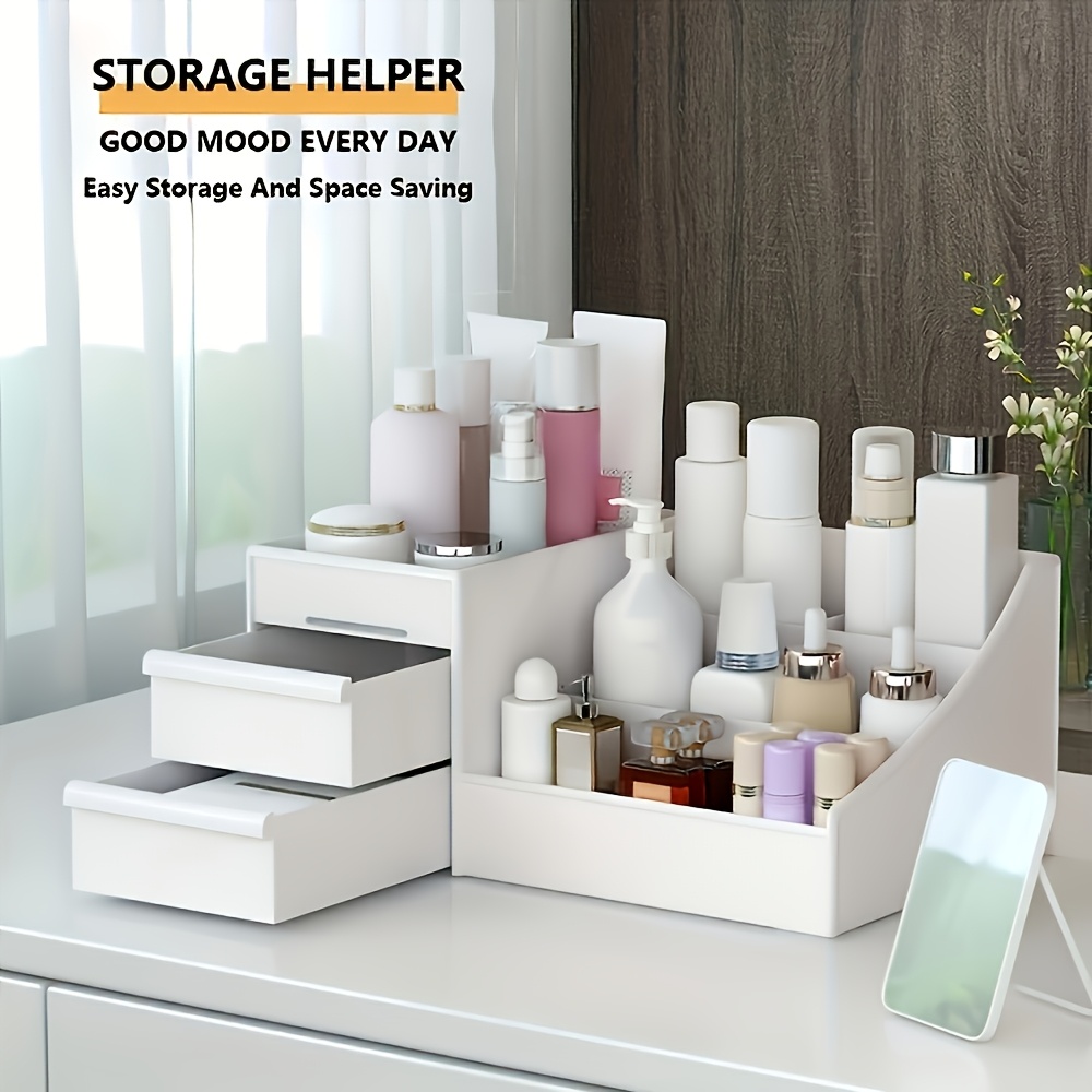 

[home ] Large Capacity Chic White Plastic Makeup Organizer With Drawers - Lightweight, No Power Needed, Foldable Vanity Tray For Lipsticks, Skincare & More - Wall-mountable, Ideal New Year's Gift