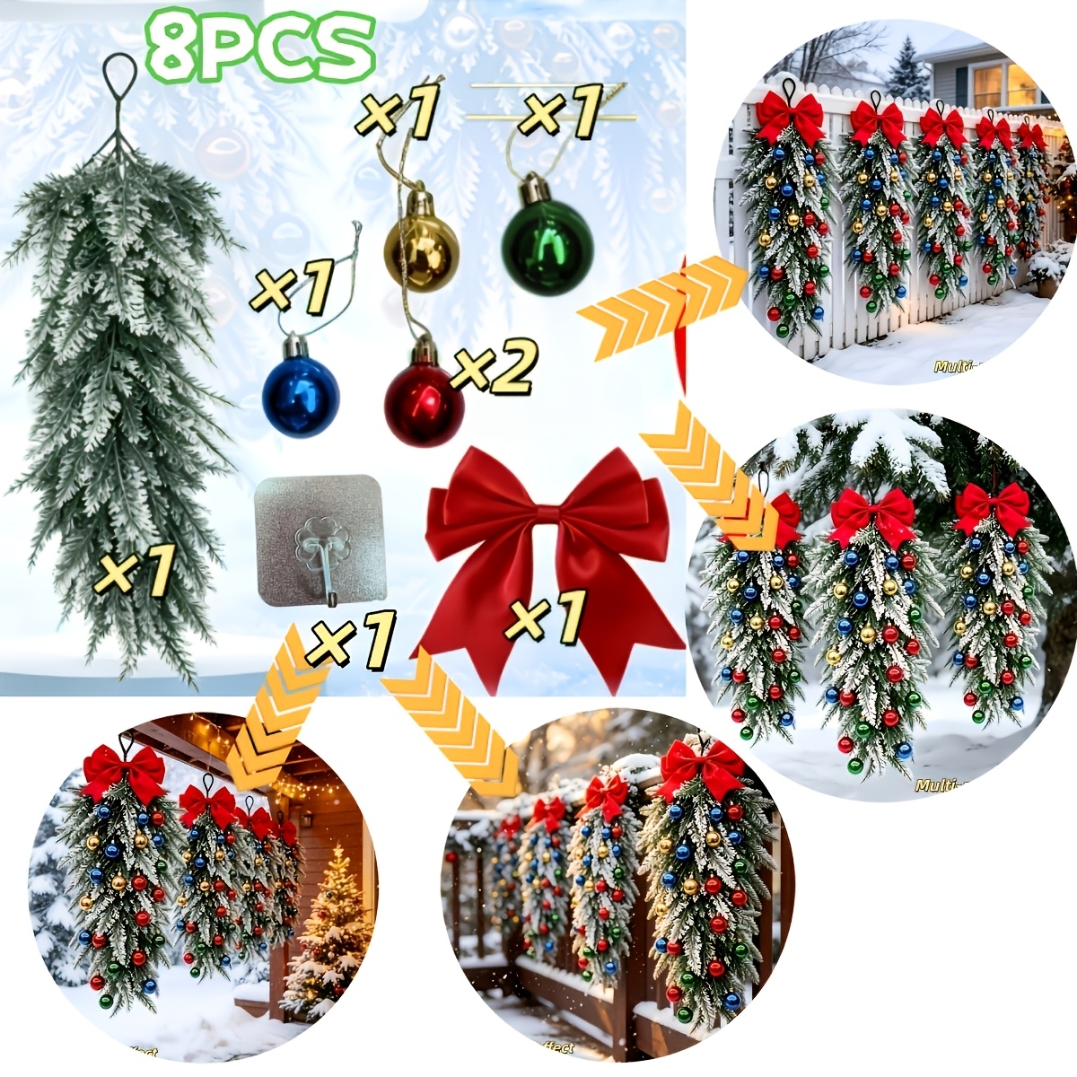 TEMU Set di 8 decorazioni lussuose da appendere con ganci adesivi - pino di Norfolk natalizio con e palline multicolore - Kit decorazioni natalizie,