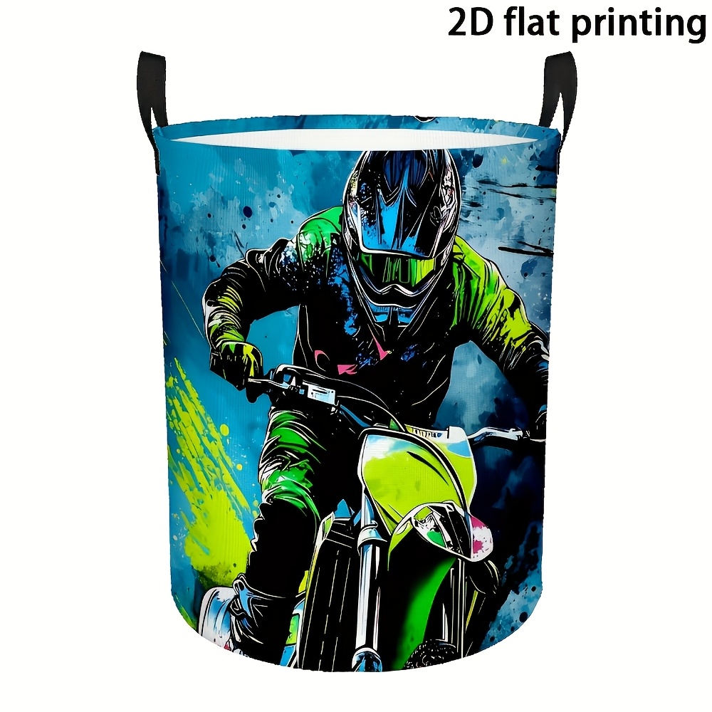 TEMU 1pc Dirty Laundry Basket, Extreme Off-road Motorcycle Enthusiast Pattern, Handle Storage Basket, Round Dirty Laundry Basket, Home