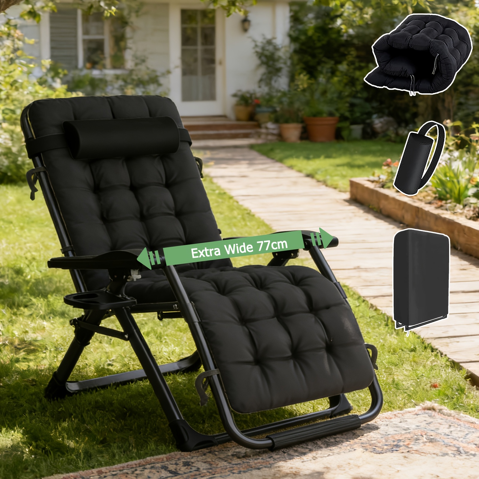 77cm 0 Gravity Recliner, Foldable And Adjustable Lounge Chair With Removable Cushion, Headrest And Cup Holder, 500lb Weight Capacity, Lounger For Gardens, Patios And Outdoor Courtyards