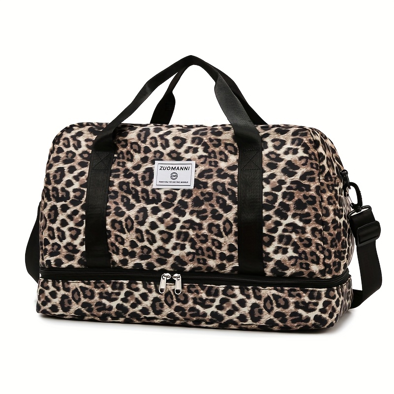 E-shop Trendiger Koffer mit Leopardenmuster, viel Stauraum, separatem Schuhfach, verstellbarem Schultergurt, ideal für Fitnessstudio, Yoga,