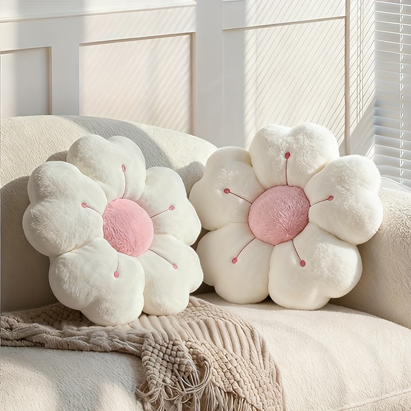 E-shop 2 Stück Weiche Plüsch-Gänseblümchen-Kissen - Gemütliche Dekorative Kissen für Bett & Sofa, Weiß/Rosa, 34,8 cm, Polyesterstoff, Niedliches