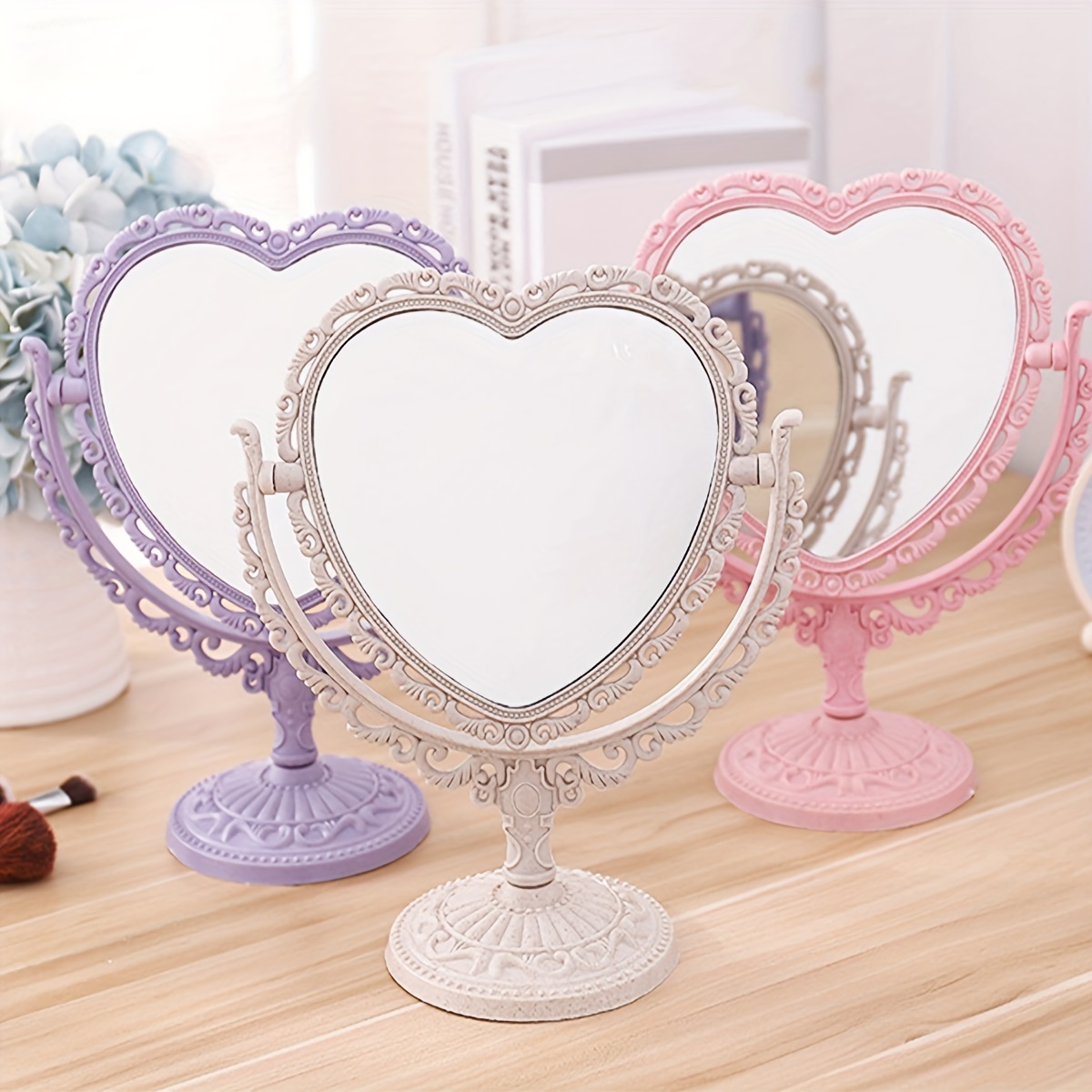 

1pc Vintage Dual-sided 360° Rotatable Desk Mirror, Heart-shaped Vanity Makeup Mirror, Princess Style For Bedroom Dorm Room Decor