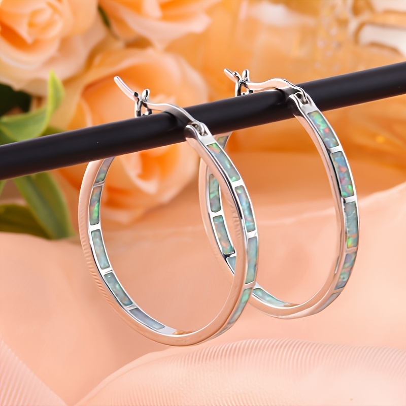 

1pair Pretty S925 Sterling Silvery Hypoallergenic Hoop Earrings Embellished With Opal Bohemian Elegant Style Female Earrings