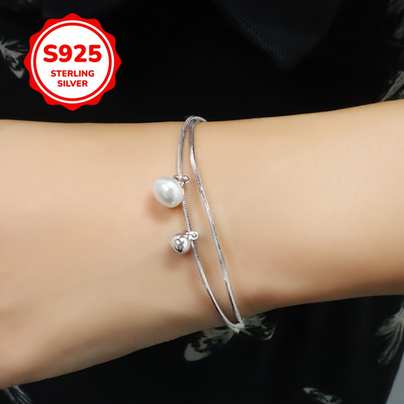 925 Silver Double Layered Bead Bracelet with Snake Bone Chain & Polished Beads