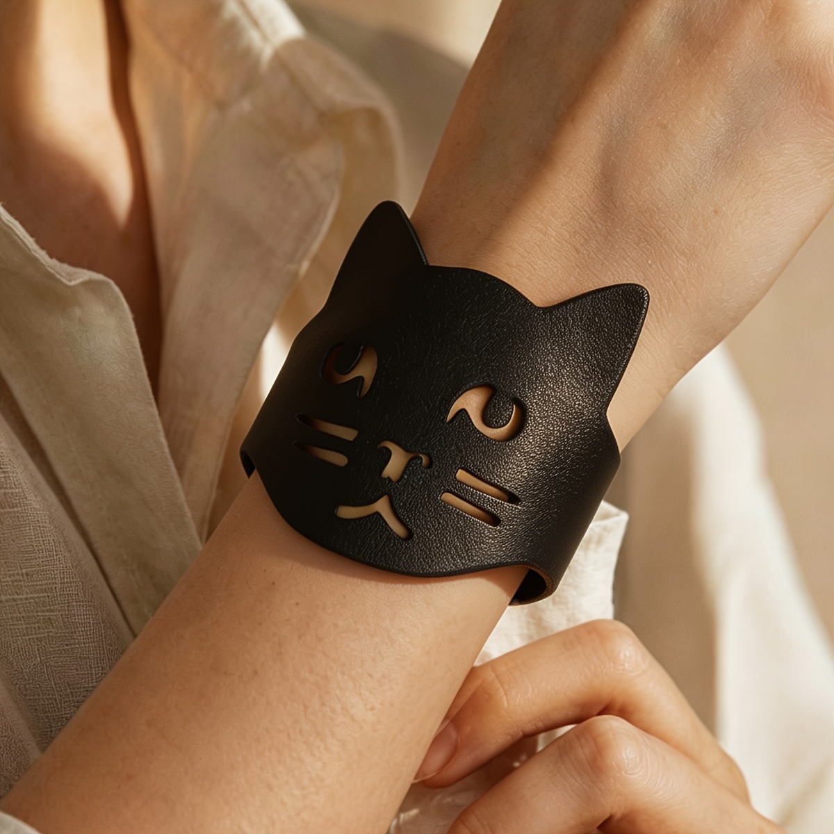 TEMU Bracelet 1 pièce en PU avec découpe de chaton - Bracelet en PU noir adapté aux propriétaires d'animaux, bijou chaton cadeau pour , fêtes, ,