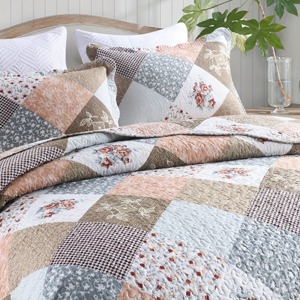 TEMU 3pcs Quilt Set Floral Print Stitching Quilted Bedding Set, Soft Comfortable All Season Quilt, , Queen Size King Size