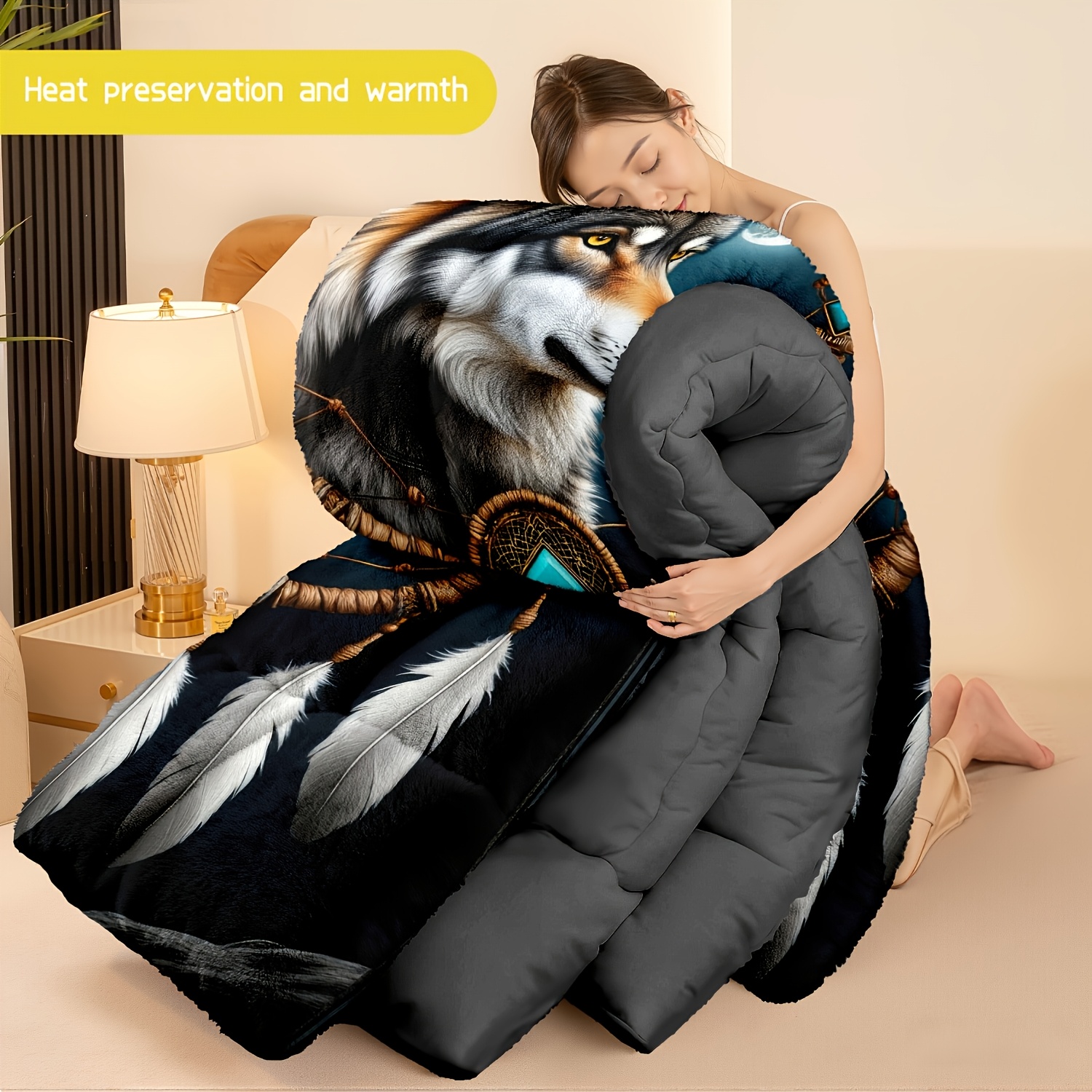 TEMU 3pcs (1 Comforter + 2 Pillowcases) Wolf Dreamcatcher Flannel & Milk Velvet Comforter Set, Soft Warm Bedding For Adults, Cozy Milk Velvet Quilt