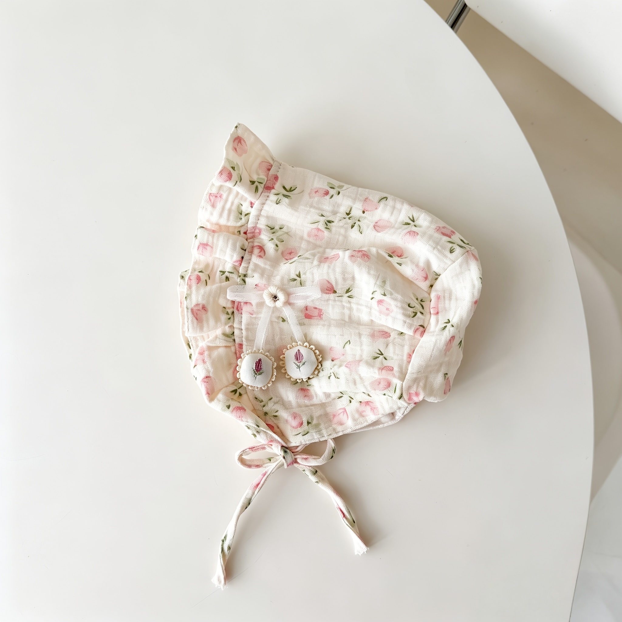Image of Full Print 3d Doll Infant Court Hat, Girls' Sun Hat, Newborn Cute Cherry Tulip Print Ear-warming Cap