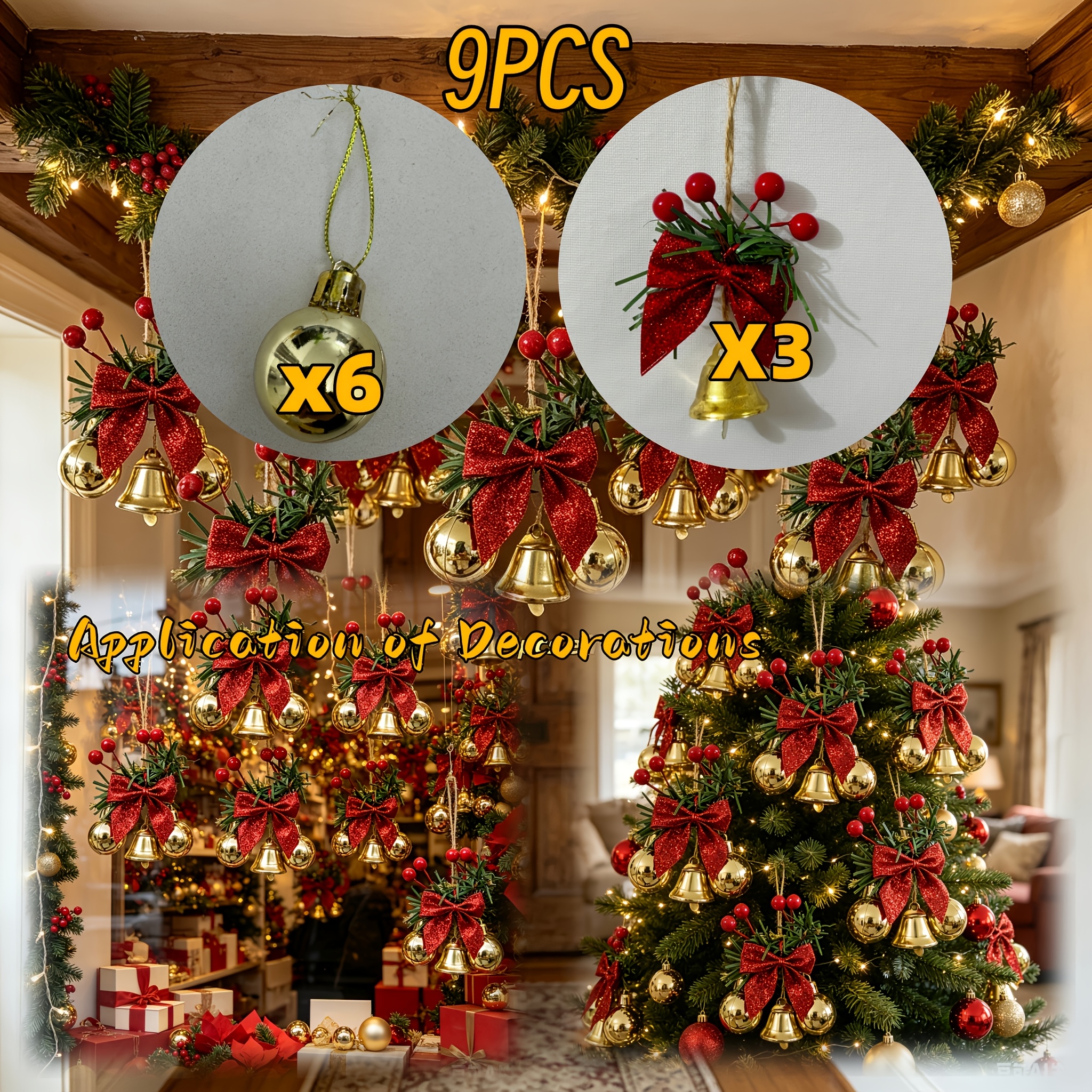 TEMU Ensemble de 9 pièces de décorations de Noël à suspendre, comprenant des cloches, des nœuds rouges brillants avec des branches de pin et des