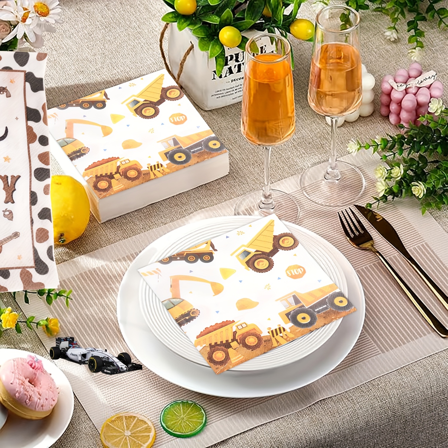 TEMU 20pcs Of Construction Vehicle Napkins, Suitable For Construction-themed Parties And Birthday Celebrations, As Well As Everyday Table Settings At Home