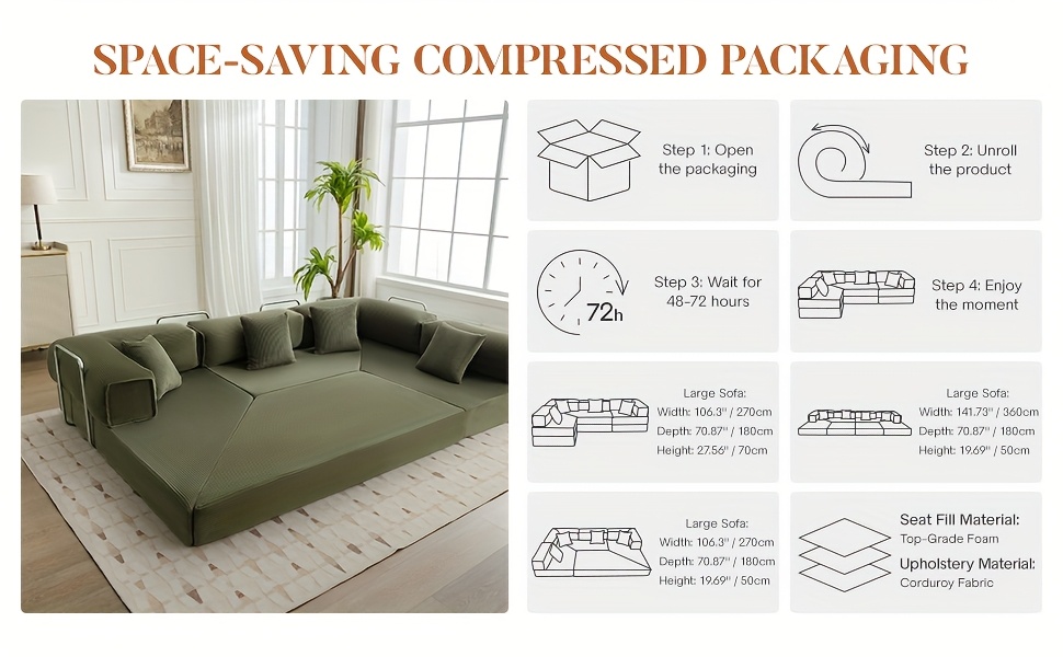 KERDOM Chenille Oversized Sleeper Sofa Couch, 170 Inches Extra Long Convertible 3-4 Person Pull-Out Sofa Bed, Sectional Convertible Corner Sofa, Combination Spliced Block Sofa Side Table
