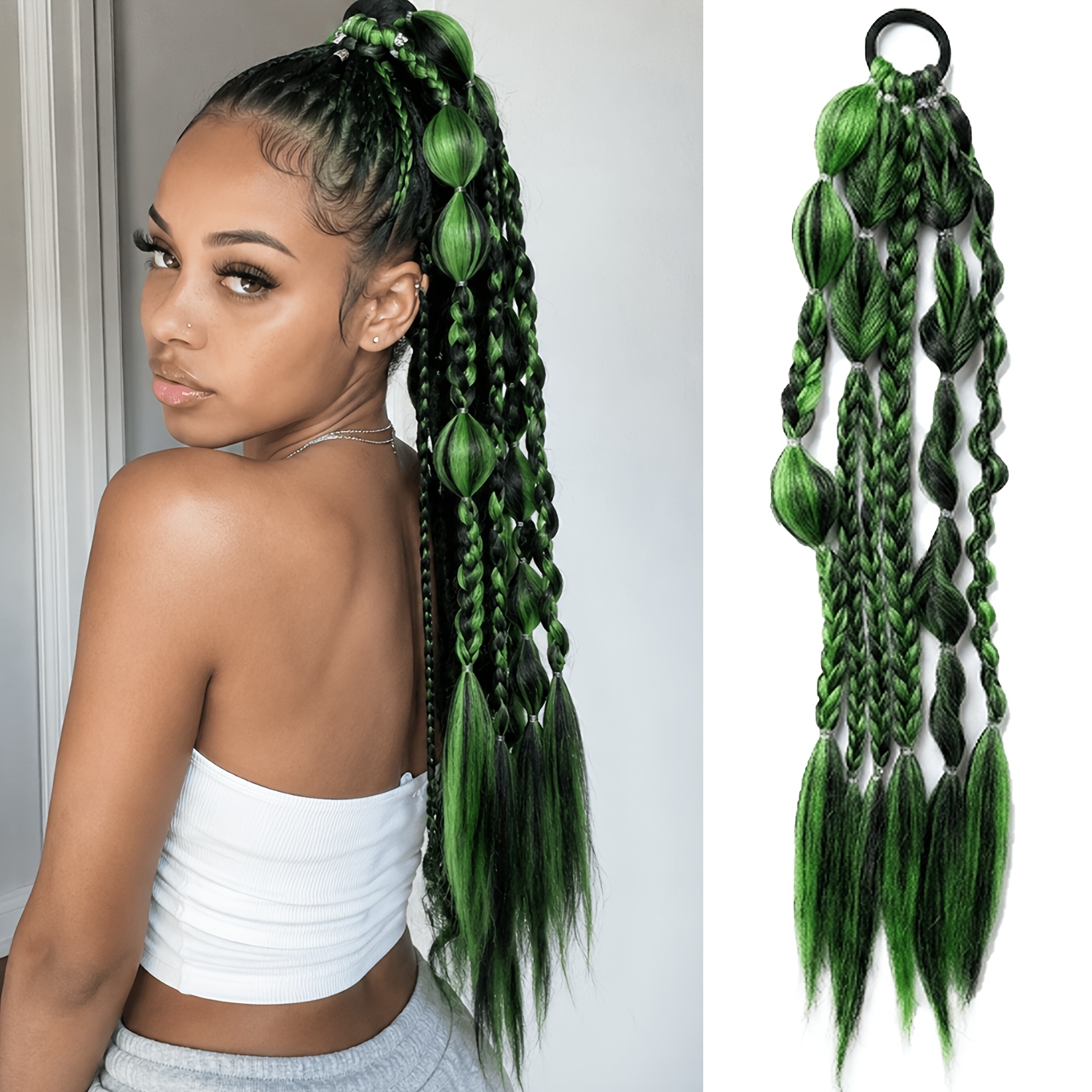 TEMU Synthetic Braided Ponytail Hair Extension Black Green Ombre Long Bubble Braid Hairpiece For Women