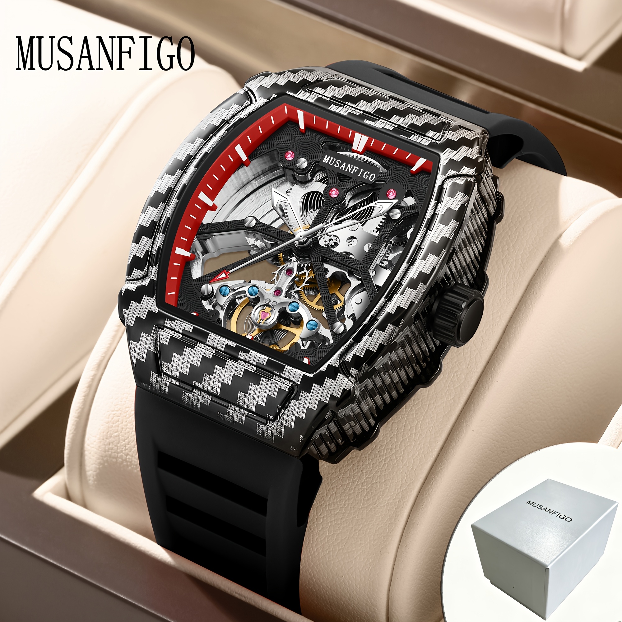 Image of Musanfigo Men's Fashion Automatic Mechanical Watch Silicone Strap Type Luxury Sports Mechanical Men's Gift Wristwatch, Without Battery