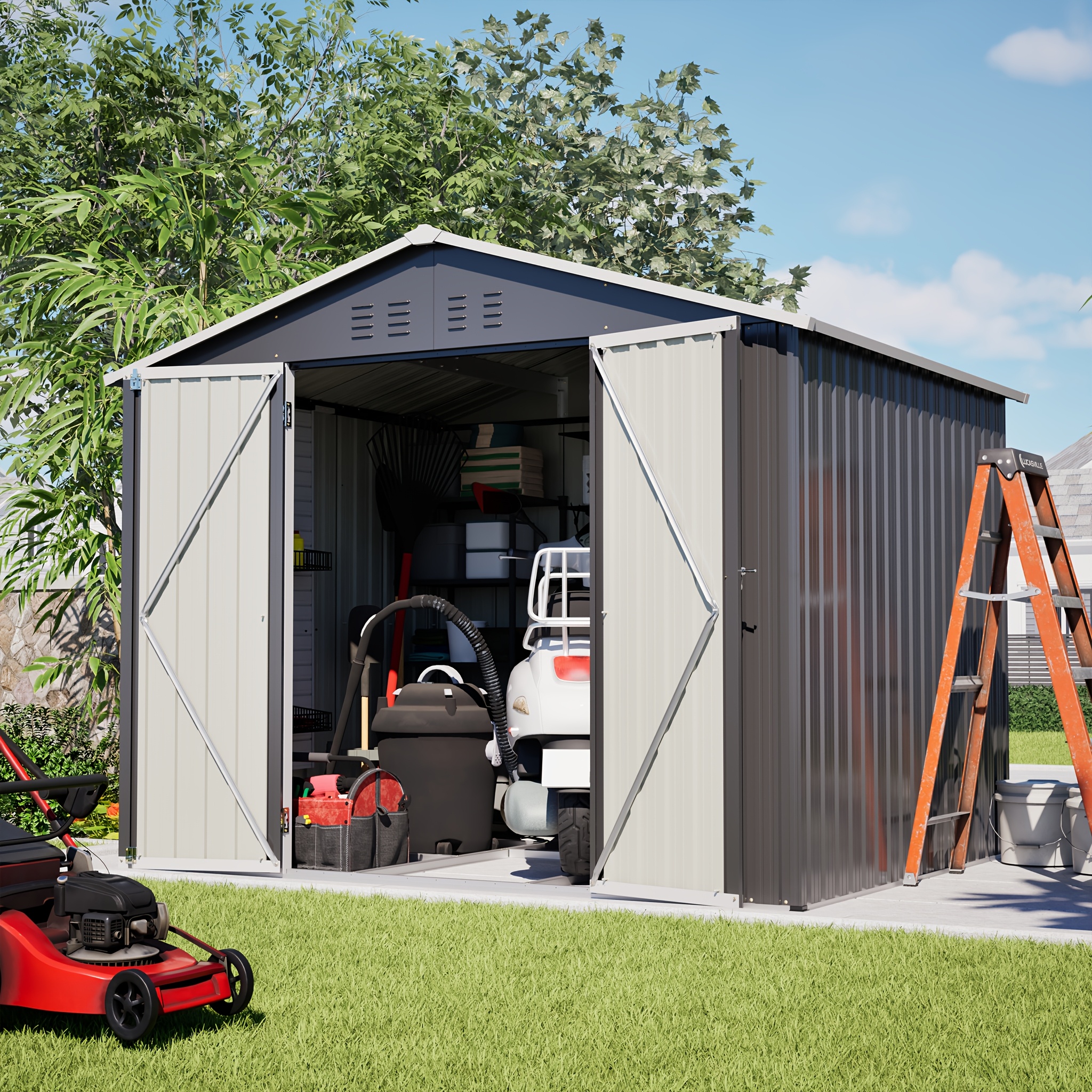Image of Outdoor Heavy-duty Metal Garden Shed With Lockable Doors & Roof - Removable Tool Storage Shed Suitable For Backyard,, Or Use - With Floor Frame & Vents, 8x6ft