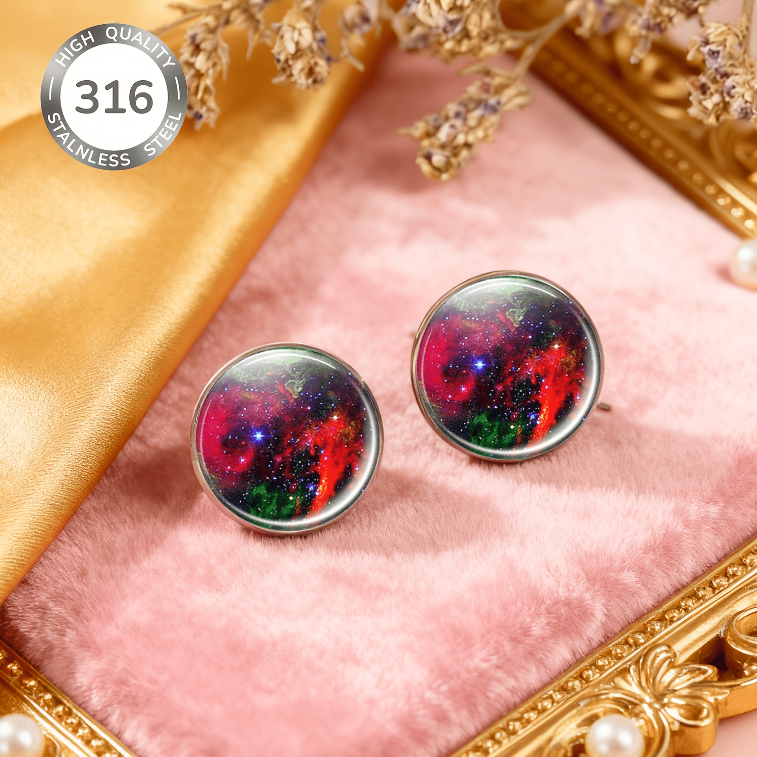 2pcs Set Stainless Steel Non-Piercing Earrings with Colorful Nebula Patterns