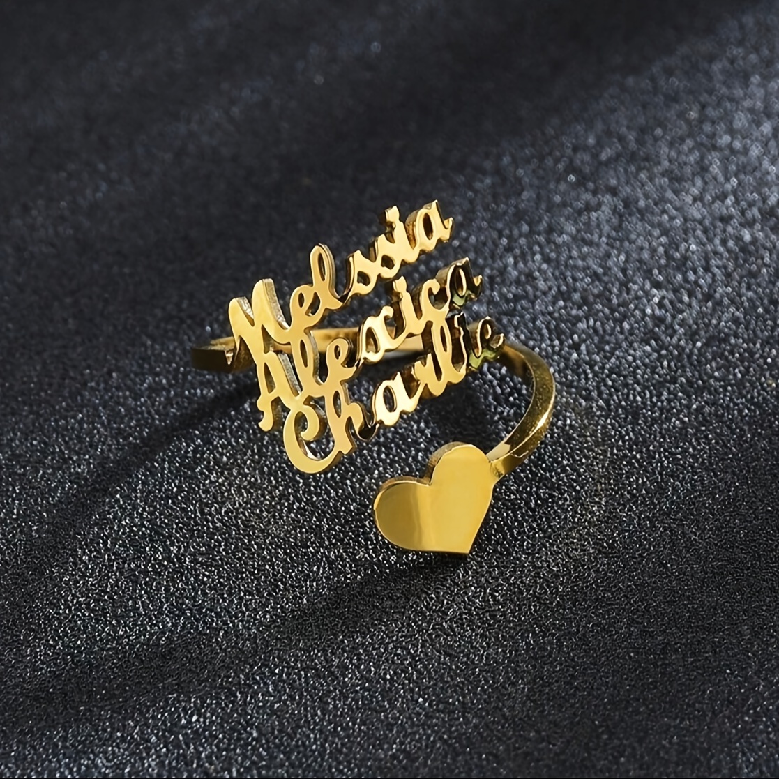 Personalized Heart Name Ring Stainless Steel Adjustable Open Ring