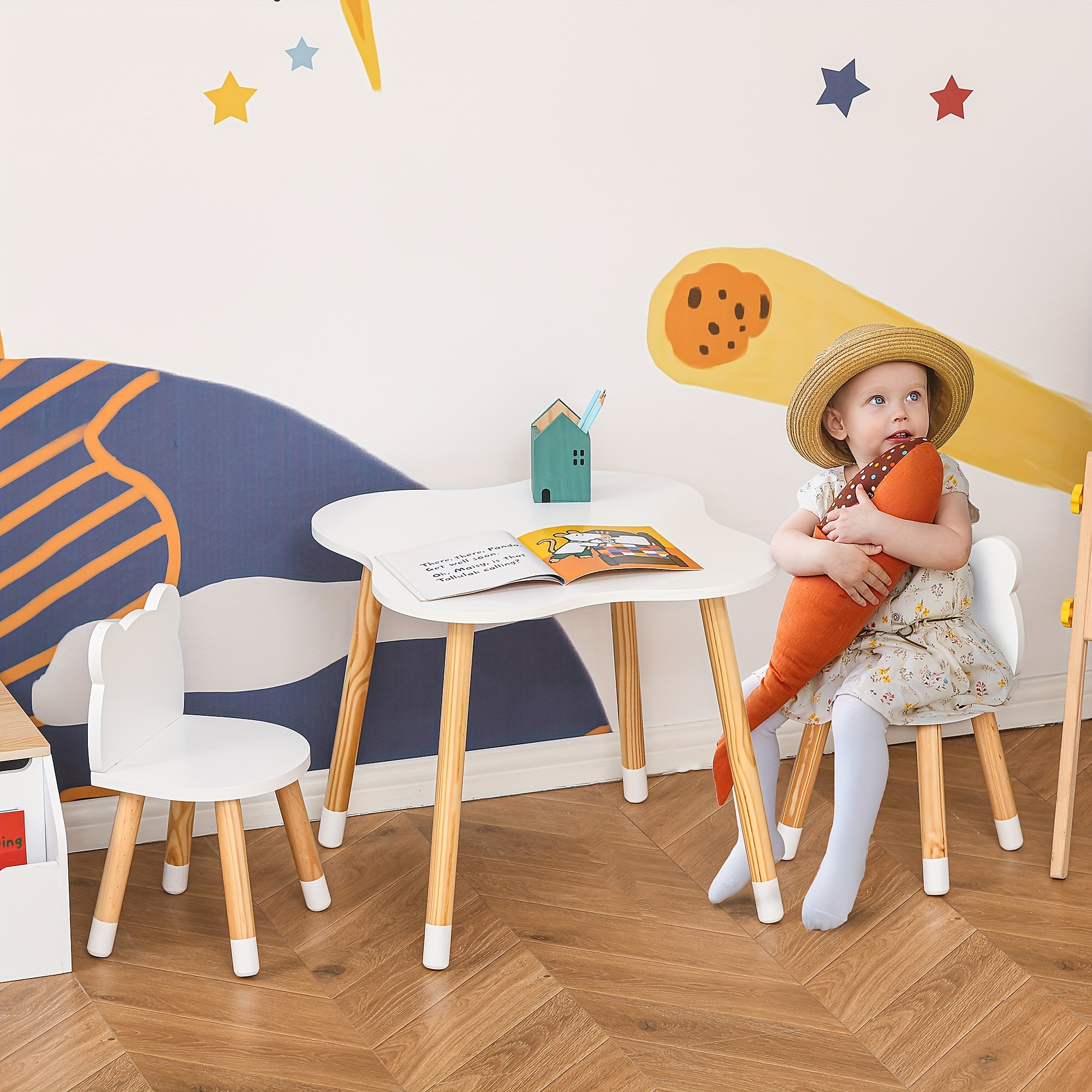 TEMU Ensemble table et 2 chaises en bois Qaba Kids pour enfants, 3 pièces, table à manger d'ours avec arrondis pour tout-petits de 1 à 4 ans pour