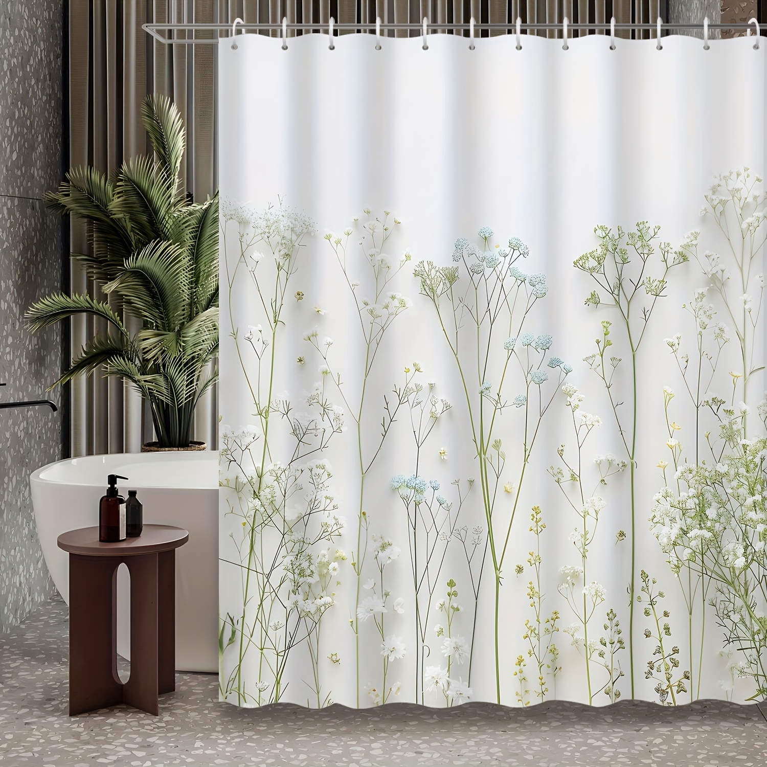 

1pc Simple Farmhouse Small Flower Plant Shower Curtain, Decorate The Bathroom, Including Waterproof Shower Curtain With Hooks, Bathroom Accessories, Home Decoration