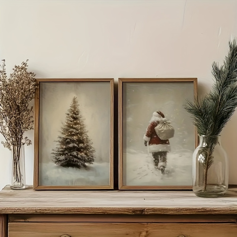 TEMU 2pcs Frameless Vintage Santa And Pine Tree Christmas Canvas Posters - Winter Snow Scenes Wall Art Suitable For Living Room, Bedroom, Kitchen,