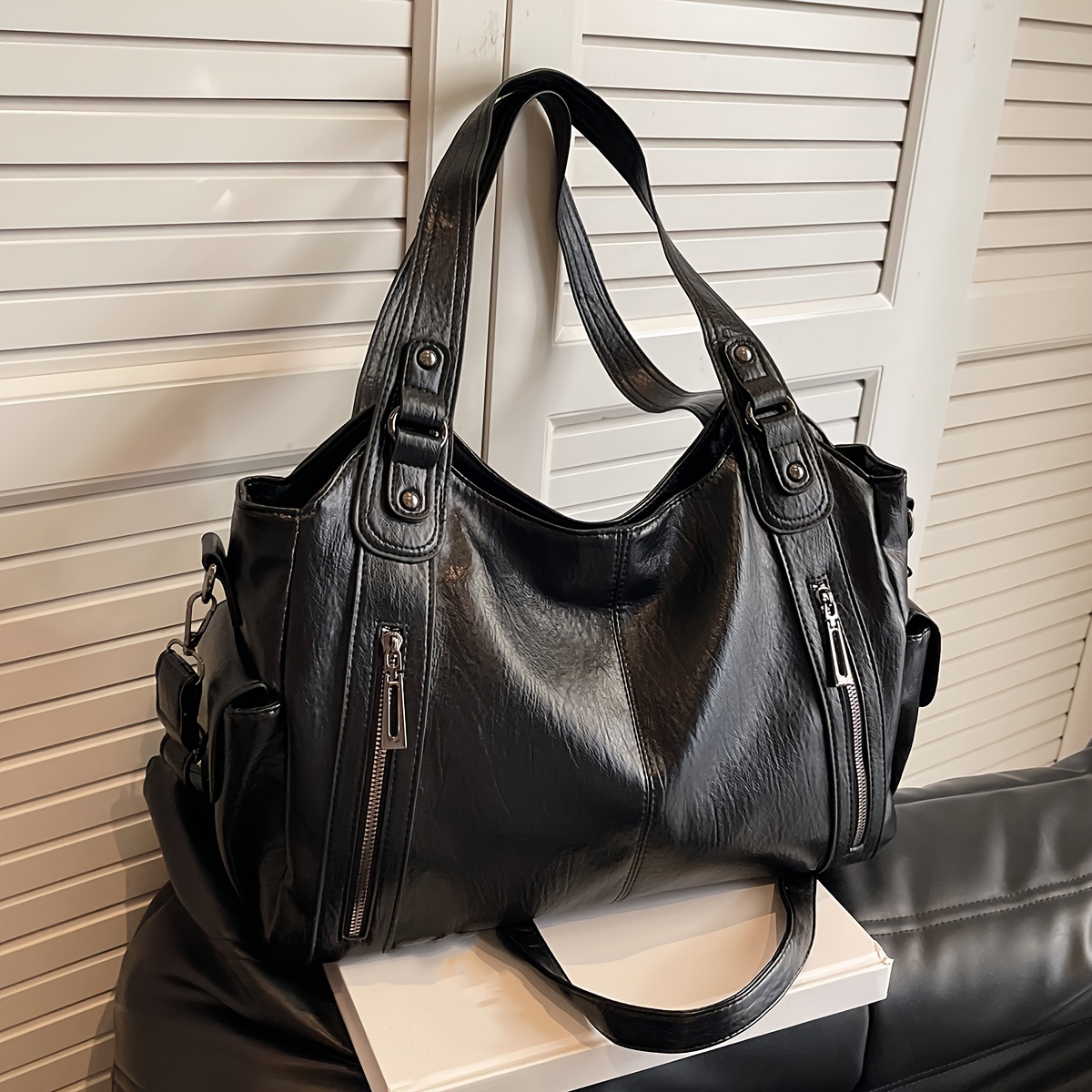 Autumn And Winter Retro Simple Solid Color Tote Bag, High-quality Large-capacity Practical Bag Body Zipper Sticker Bag Multi-functional Messenger Bag, Daily Multi-strap Commuter