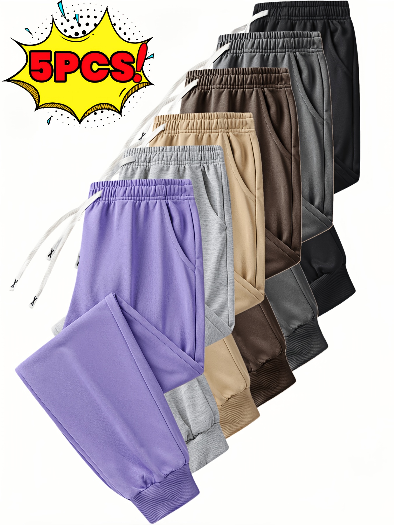 5pcs of Long Pants, Non-Elastic Trousers, Solid Color, Cuffed Version, Suitable for Hiking, Cycling, Fishing, Outdoor Sports, Running, Occasions, All-Season Sports Trousers