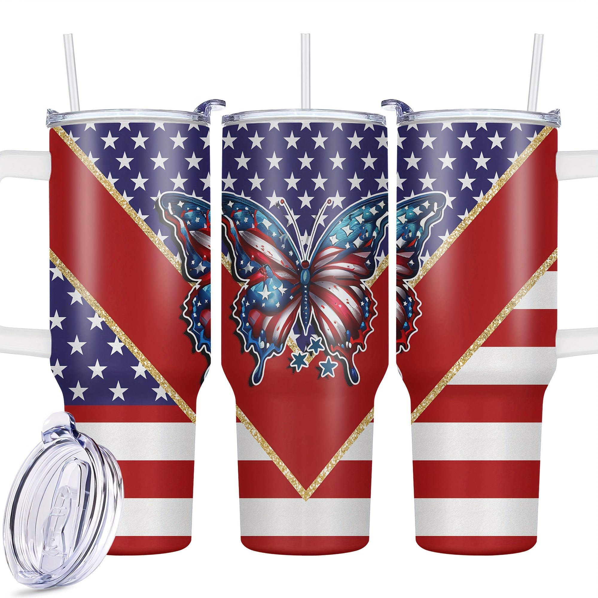

40oz Patriotic Stainless Steel Tumbler With Lid & Handle - Double-walled Insulated Water Bottle For Independence Day, Perfect For Car, Home, Office - Pvc-free, Oval Shape