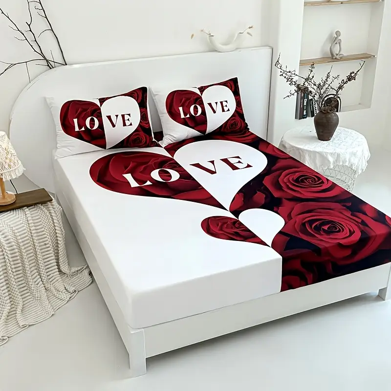 3pcs red and heart bed sheet 1pc bed sheet 2pcs pillowcase no filling deep pocket in 15 inch machine washable hypoallergenic high quality mattress protector bedroom high definition printing room decor couple gifts Product details 2