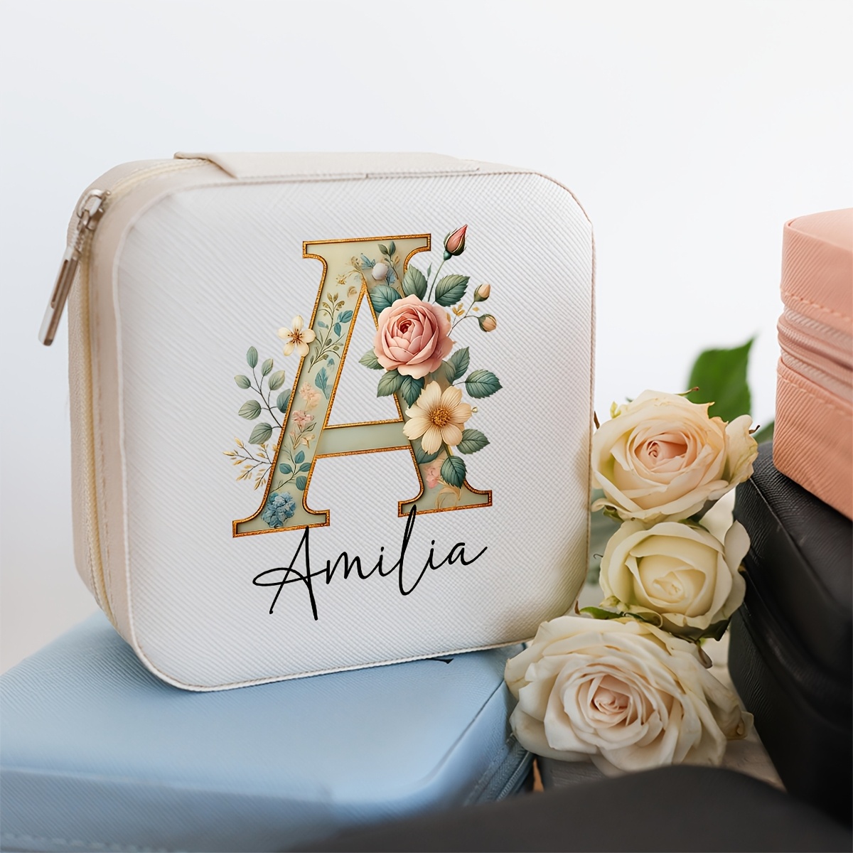 TEMU 1pc Personalized Name Letter Jewelry Box, Trendy Floral Letter Multicolor Pu Leather Travel Portable Earring Ring Storage Organizer, Wedding
