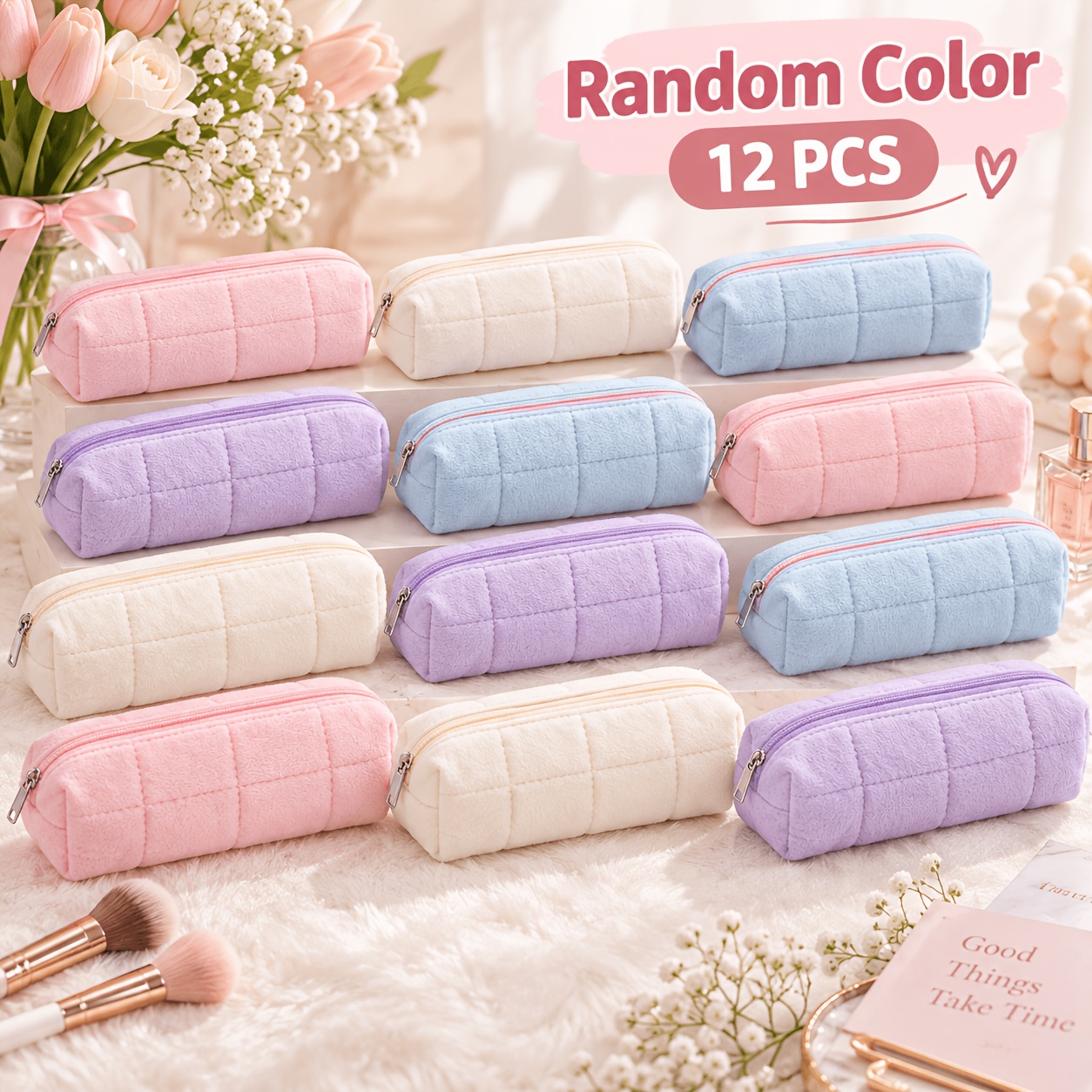 TEMU Set de 12 bolsas de tocador de felpa de color aleatorio, bolsa de maquillaje de color aleatorio, adecuado para bolsa de maquillaje pequeña