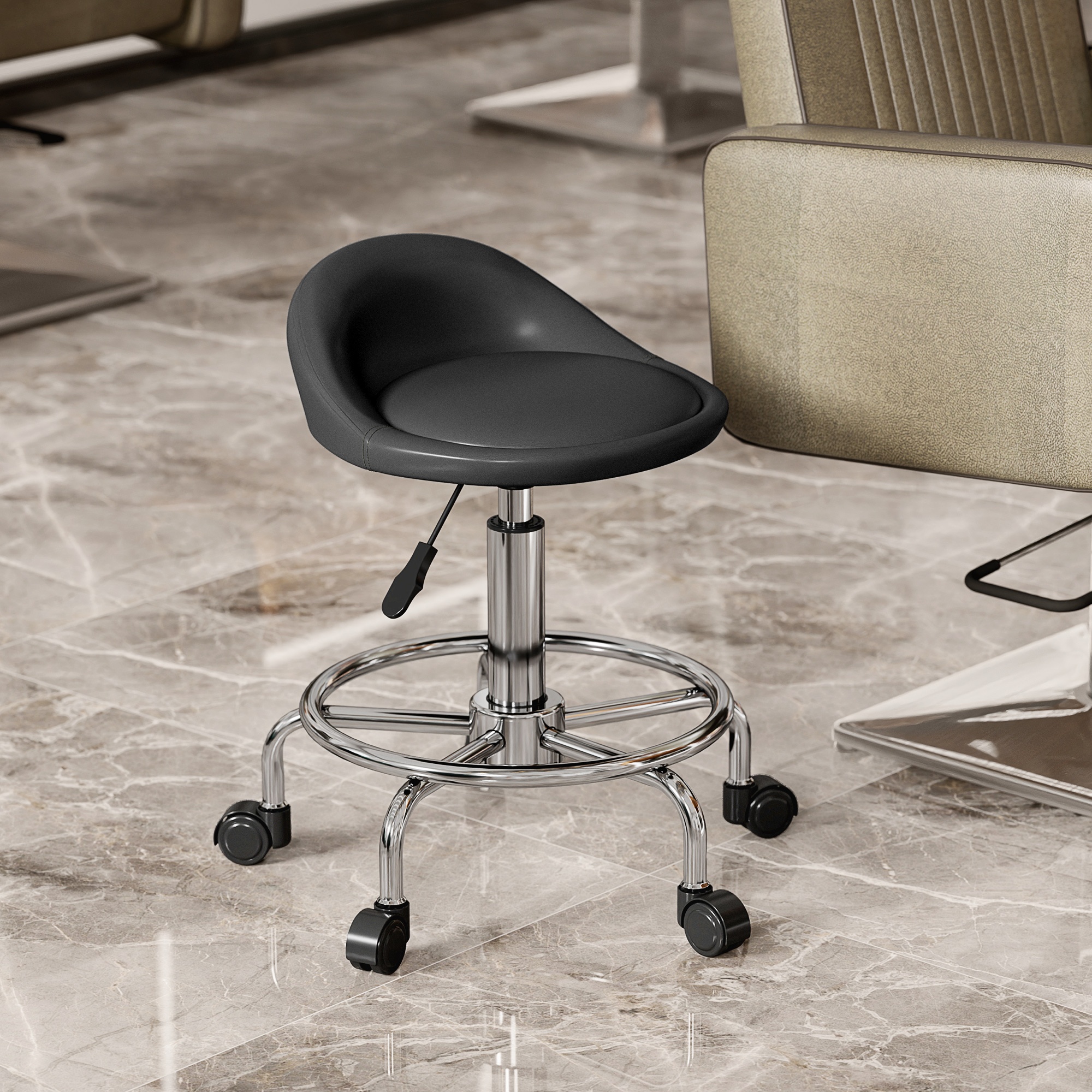 TEMU Tabouret Roulant Réglable HOMCOM avec -Pieds - Chaise de Salon en PU à Rotation 360°, Hauteur Manuel et Design Ergonomique, Finition Polie pour