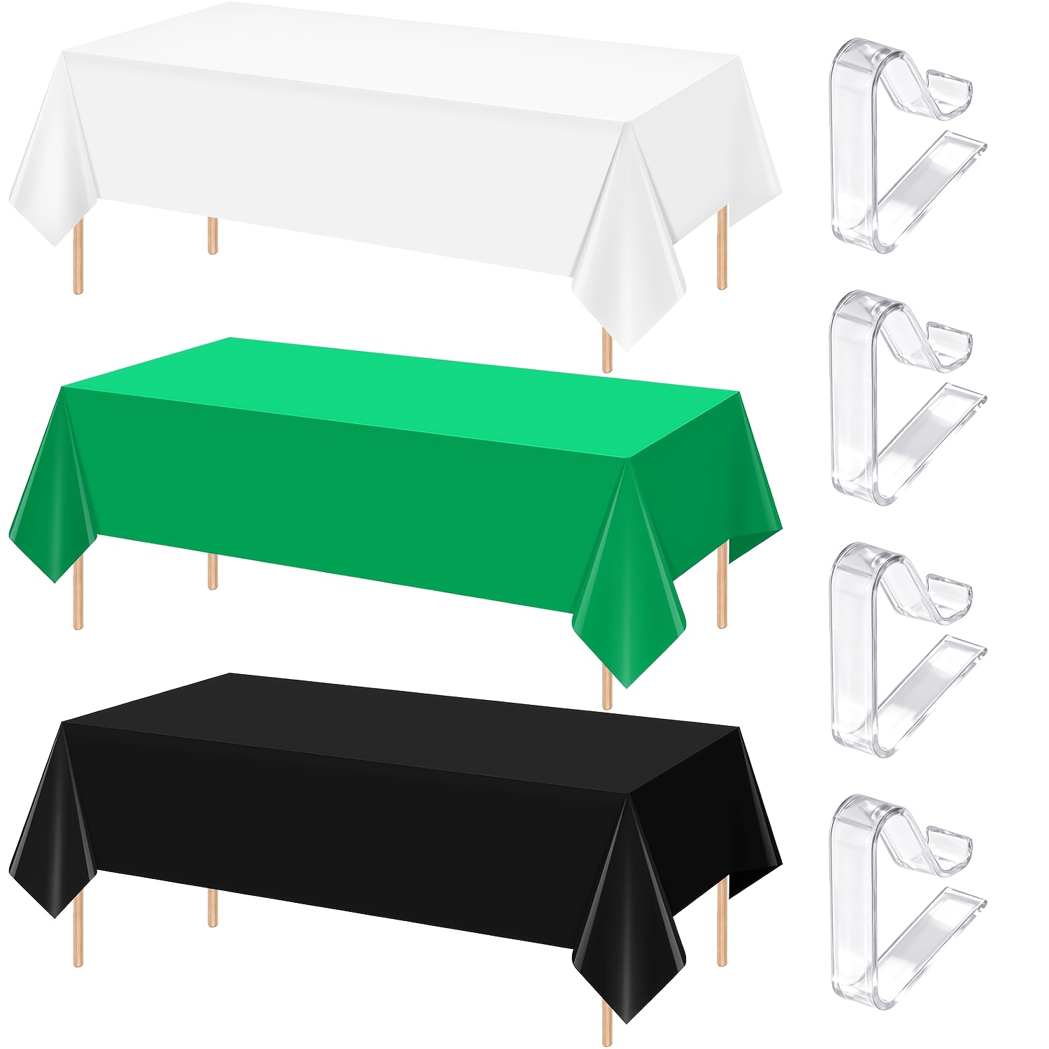 7er-Set (3 Tischdecken + 4 Klammern) grüne, schwarze, weiße Plastiktischdecken, Großpackung, 137,16 x 274,32 cm, Einweg-rechteckige Party-Tischdecken für Geburtstagsfeiern, Hochzeiten, Picknicks,