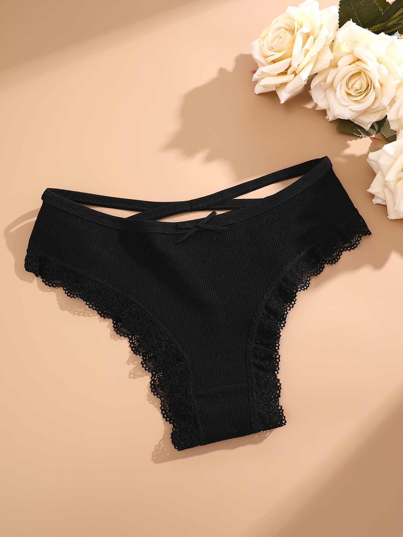 4pcs Women'S Lingerie Briefs with Lace Trim - Sexy Ribbed Design, Solid Colors (White, Pink, Gray, Black), Soft & Comfortable Underwear for Casual Attire, Lingerie Sets, Comfortable Underwear, Elegant Underwear, Soft Fabric Underwear