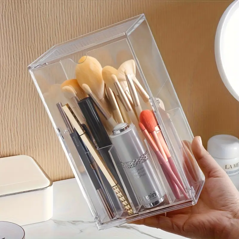 clear makeup brush organizer with lid transparent cosmetic storage box vanity organizer with dustproof cover bathroom countertop organizer for professional or home use space saving makeup display case makeup vanity desk durable plastic material Product details 5