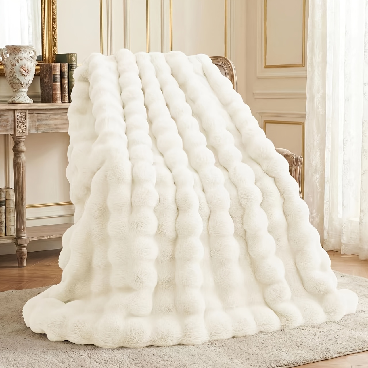 TEMU Luxury 1000gsm Imitation Rabbit Hair Throw Blanket, Warm Cozy Blankets For Couch Bed Sofa, Ruched Plush Fuzzy Elegant Soft Reversible Mink