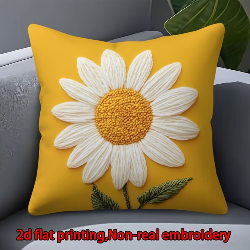 TEMU 2d Flat - 1pc Printed Single-sided Printed Fabric Pillowcase, Daisy, Yellow Leaves, Pattern Print Pillowcase, Non-real Embroidery, Hand Wash And