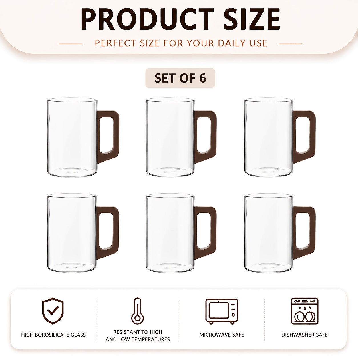 TEMU Lot de 6 tasses à café en verre avec en bois - Tasses en borosilicate haute résistance thermique, compatibles micro-ondes et lave-vaisselle,