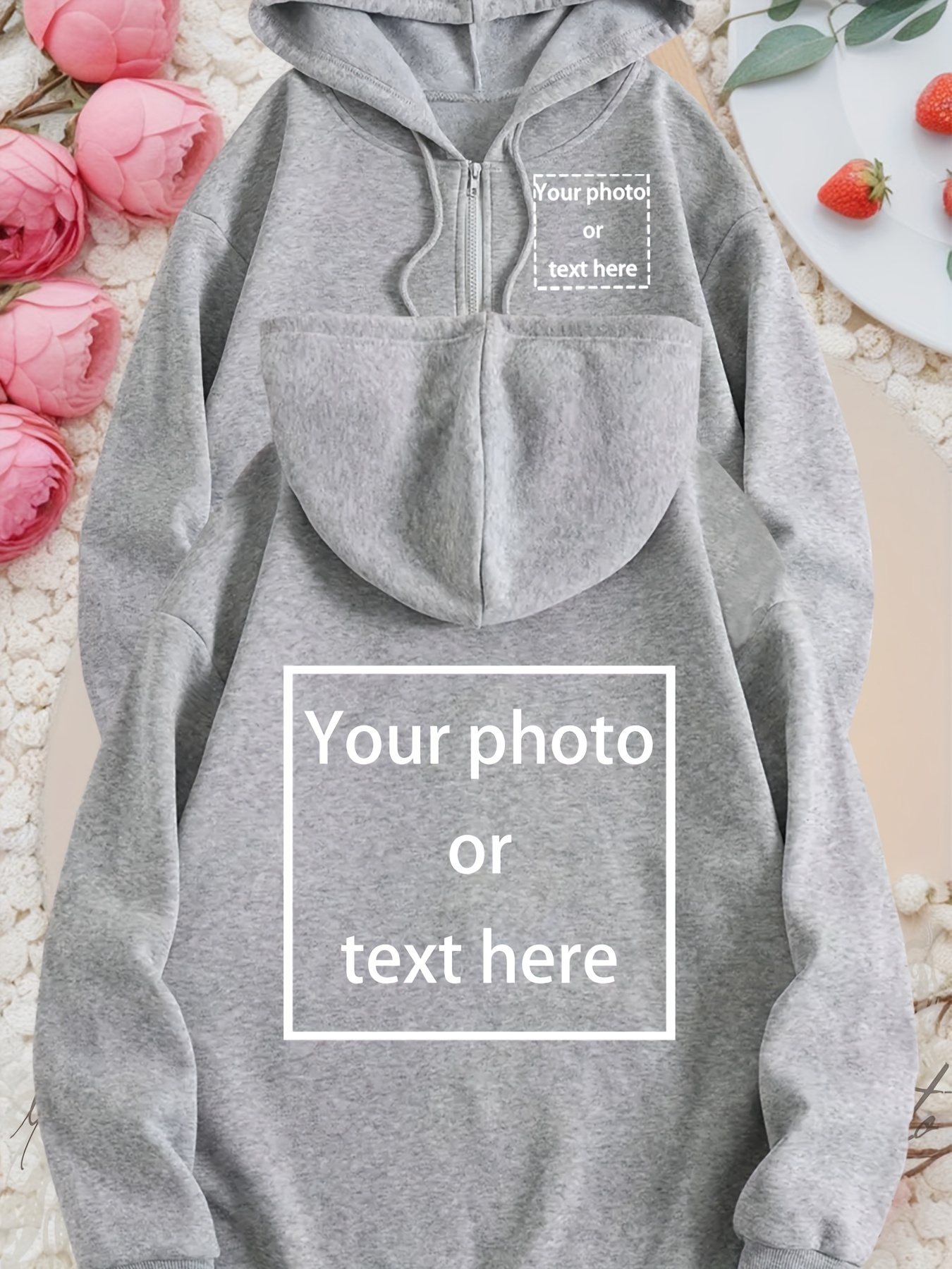 맞춤형 사진 지퍼업 후드티 - 개인 사진, 텍스트 또는 로고가 있는 개인화된 긴팔 스웨트셔츠, 레드 폴리에스터, 사계절용 캐주얼 스타일